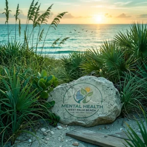 Mental Health West Palm Beach marker stone among sea oats on a Florida dune at sunset