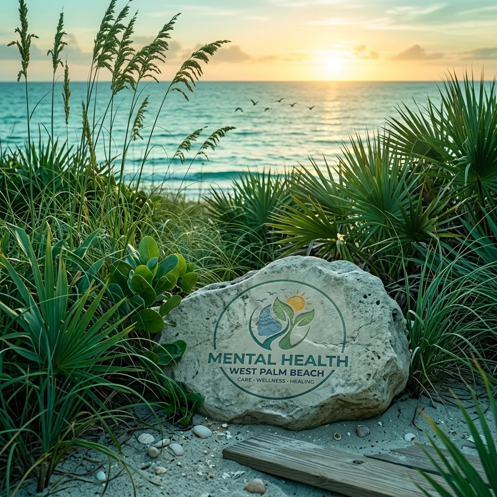 Mental Health West Palm Beach marker stone among sea oats on a Florida dune at sunset