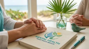Two people seated at a table during a psychiatric appointment overlooking a Florida beach