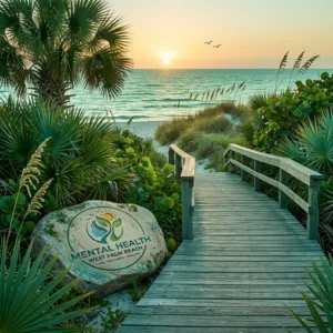 Coastal boardwalk leading to the beach past a Mental Health West Palm Beach marker stone