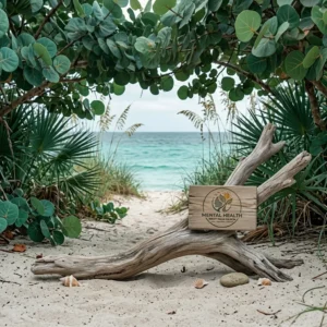 Driftwood marker carrying the Mental Health West Palm Beach logo on a Florida beach