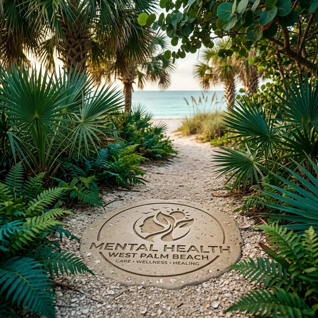 Sand pathway through palmetto to the ocean with a circular stone medallion