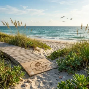 Coastal boardwalk plank marked with the Mental Health West Palm Beach logo