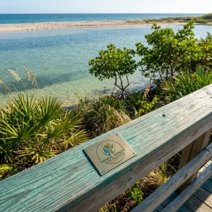 Brass Mental Health West Palm Beach plaque on a boardwalk rail overlooking a Florida inlet