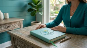 Patient reviewing a Mental Health West Palm Beach care journal during a medication management visit