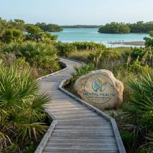 Weathered boardwalk winding through mangroves to a turquoise Florida lagoon