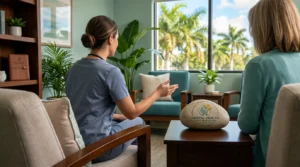 Psychiatric nurse practitioner and patient in a calm West Palm Beach consultation room