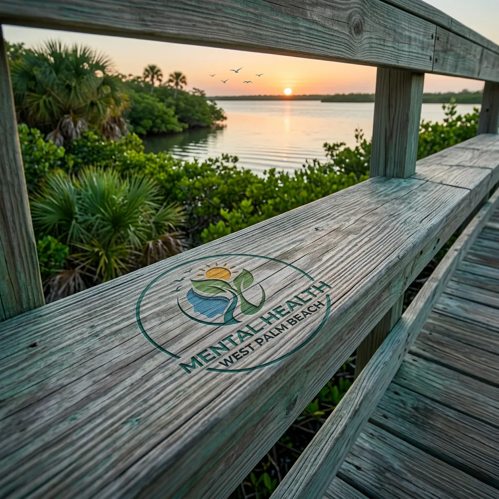 Quiet boardwalk rail at sunset over a Florida mangrove estuary