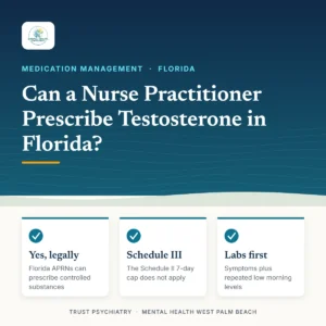 Title card: can a nurse practitioner prescribe testosterone in Florida, with three key facts