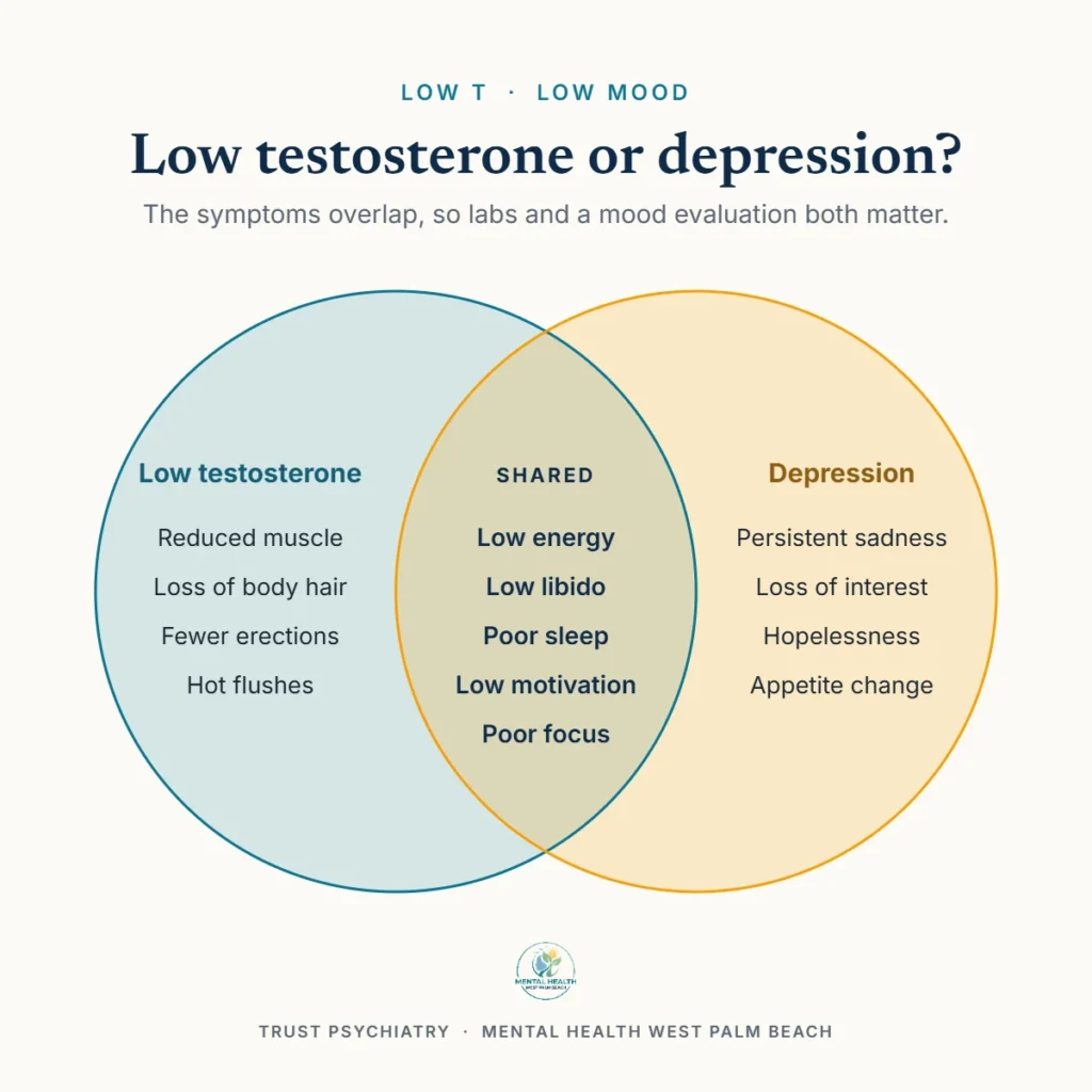 Venn diagram comparing low testosterone and depression symptoms, with shared symptoms in the overlap